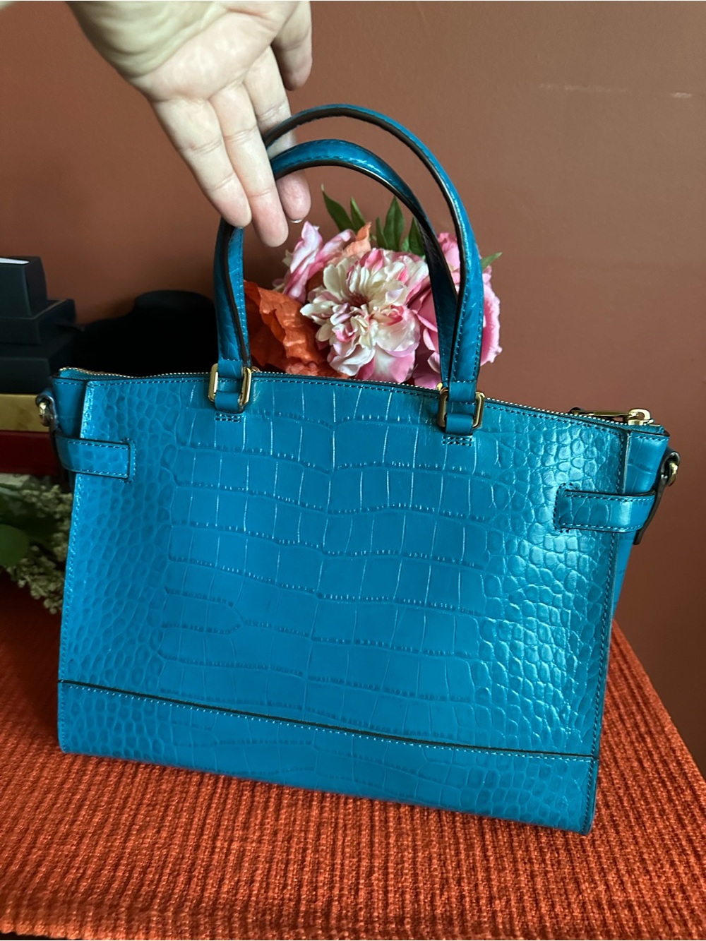 Ralph Lauren Turquoise Croc-Embossed Satchel with Gold Hardware - Picture 2 of 16
